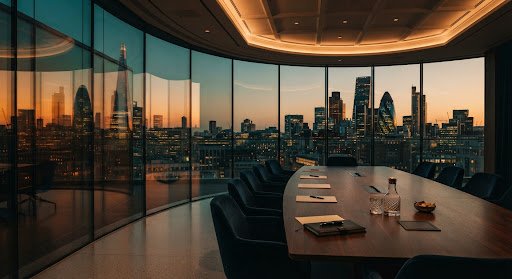 Advisory boardroom overlooking a financial district at dusk